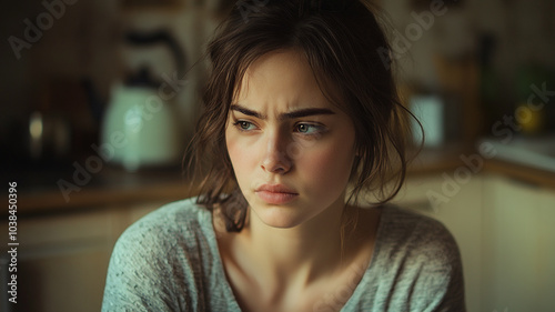 Young woman sitting pensively in a cozy kitchen, reflecting on her thoughts during the evening