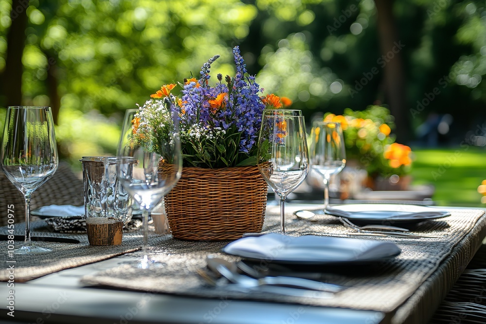 An elegantly set outdoor dining table is depicted in the image. Generative Ai