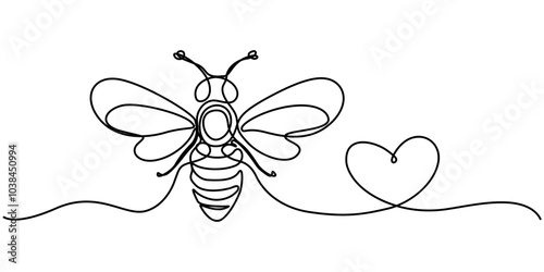Continuous one line drawing of fliying bee shapped love. Simple illustration of honey bee line art vector illustration, Bee in heart shape. Continuous one line art drawing, Continuous one line drawing