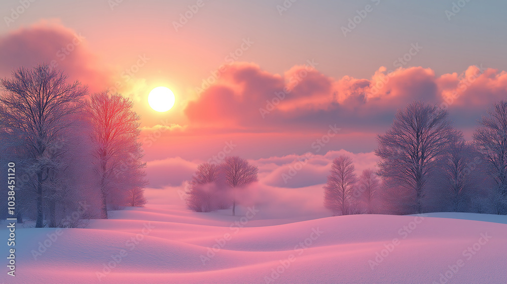 Winter solstice abstract background showcasing a serene landscape with trees sun and fluffy clouds Winter solstice abstract background showcasing a serene landscape with trees sun and fluffy clouds