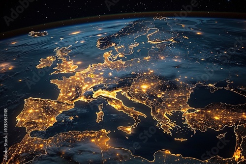 A night view of Europe from space, highlighting city lights and geographical features.