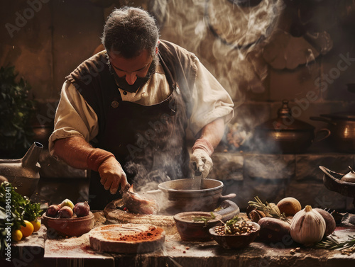 A chef recreating an ancient Roman dish with ingredients like honey, figs, and spiced meats, capturing the taste of history.