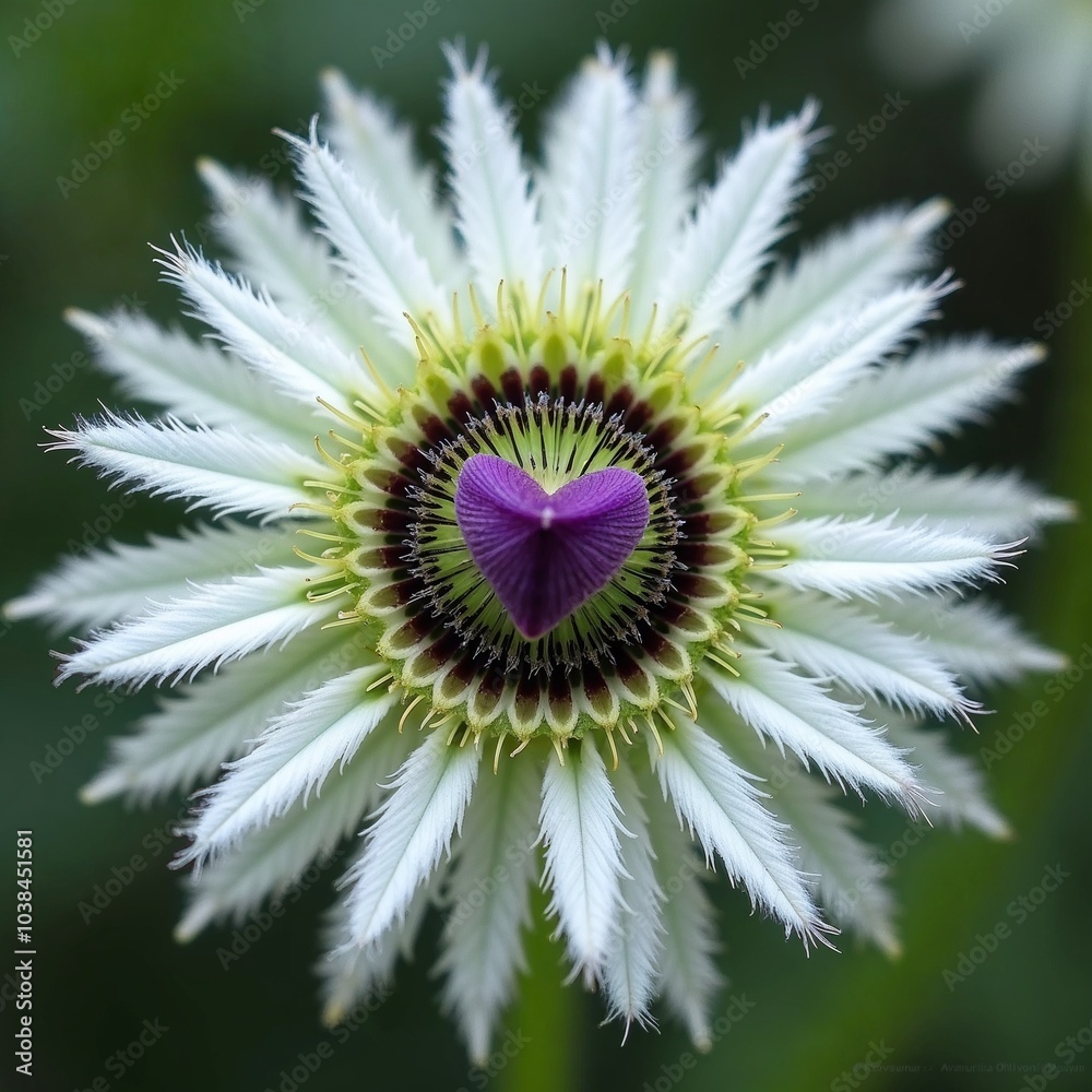 Macro illustration of a unique and vibrant flower, delicate, feathery white petals that flare outward to create a round shape. In the center is a vibrant purple heart-shaped structure Macro illustration of a unique and vibrant flower, delicate, feathery white petals that flare outward to create a round shape. In the center is a vibrant purple heart-shaped structure