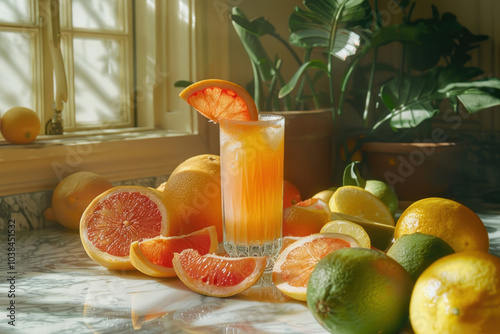 A citrus juice blend of oranges, lemons, and grapefruits, with freshly sliced fruits arranged around the glass, captured in a sun-drenched kitchen setting photo