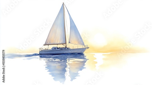 A serene watercolor painting of a sailboat gliding over calm waters, capturing tranquility and the beauty of sailing at dawn or dusk.