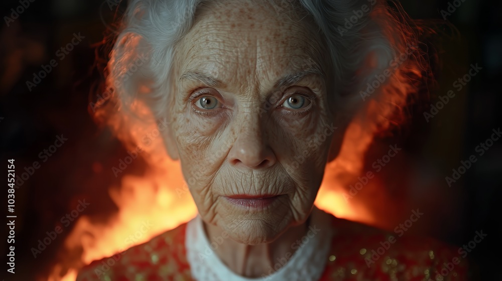 An elderly woman with white hair and a patterned garment stands against a backdrop of vivid flames.