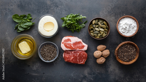 Wallpaper Mural A variety of healthy ingredients including meat, nuts, and vegetables on a rustic kitchen counter Torontodigital.ca
