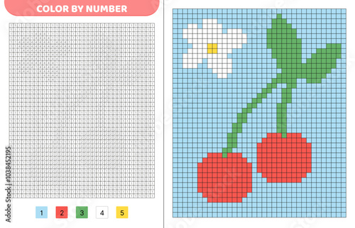 Color by number. Two cherries. Pixel coloring book. Numbered squares. Game for kids.