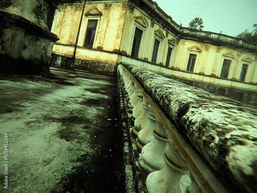 Abandoned architecture with weathered railings and a desolate atmosphere. photo