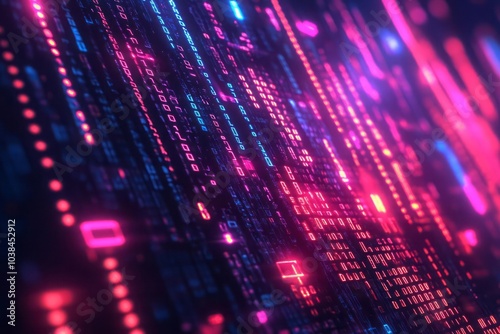 A digital matrix with cascading binary code and neon lights, creating a hi-tech and futuristic look