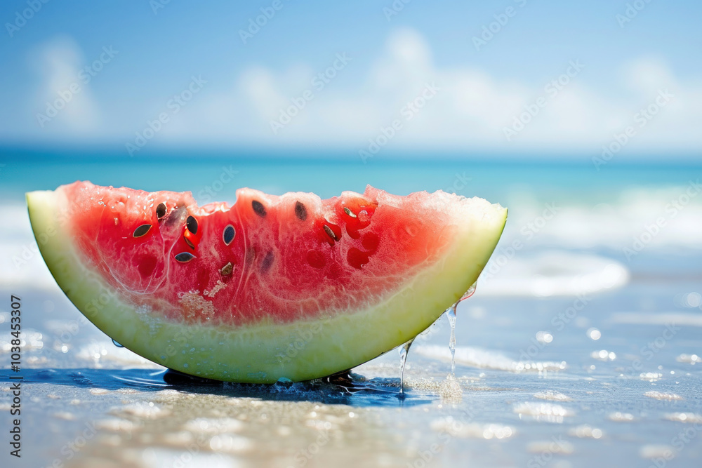 A close-up of a slice of watermelon dripping with juice, being enjoyed on a hot summer day at the beach, with clear skies and ocean waves in the background A close-up of a slice of watermelon dripping with juice, being enjoyed on a hot summer day at the beach, with clear skies and ocean waves in the background