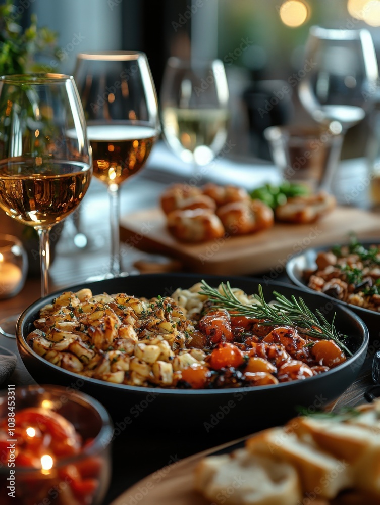 Several plates of food and glasses of wine on a table, family cooking dinner
