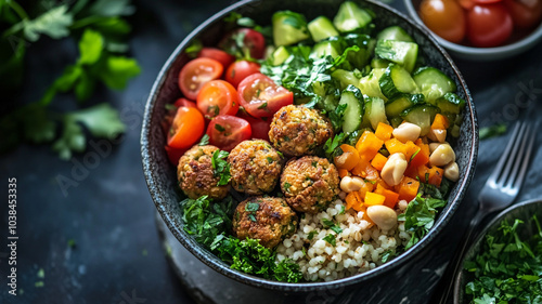 Colorful vegetarian bowl with chickpea falafel, fresh vegetables, and grains on a dark background