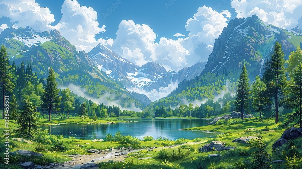 Fototapeta premium A serene mountain landscape showcasing lush greenery, a tranquil lake, and majestic peaks.