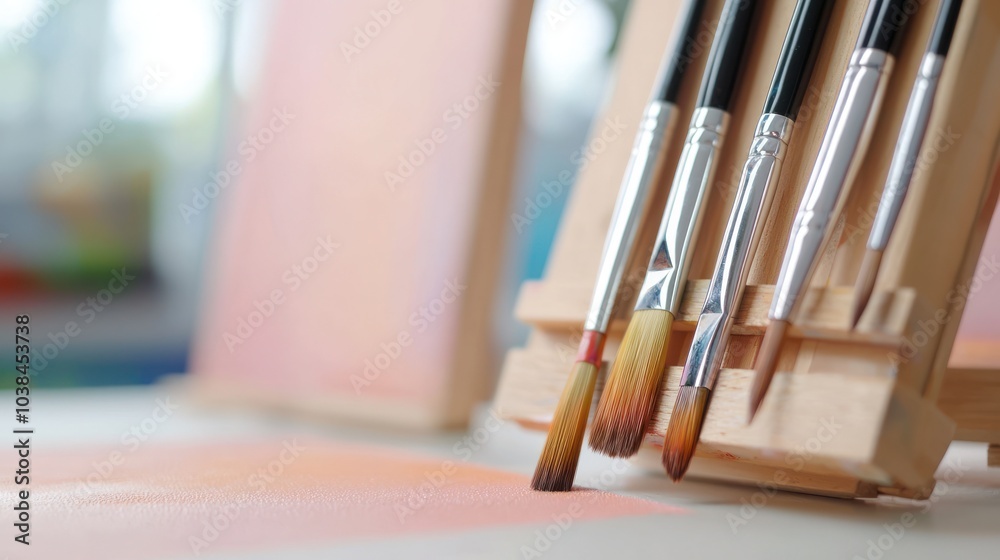 Artistic brushes on display beside an easel, ready for creative exploration. Artistic brushes on display beside an easel, ready for creative exploration.