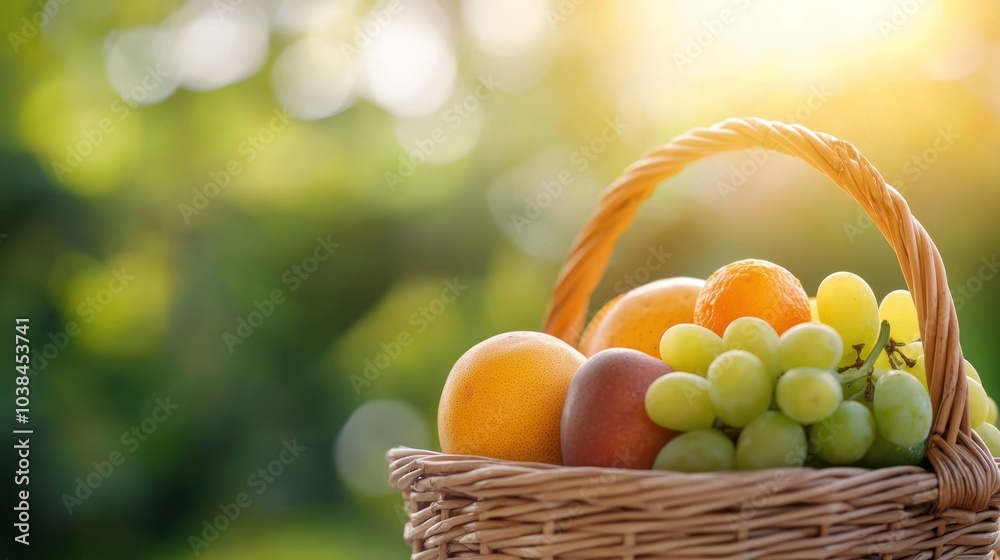 Basket filled with fresh fruits, sunlit background, vibrant colors. Basket filled with fresh fruits, sunlit background, vibrant colors.