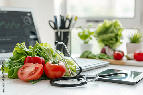 A health professional using a tablet among fresh vegetables in a bright kitchen setting.