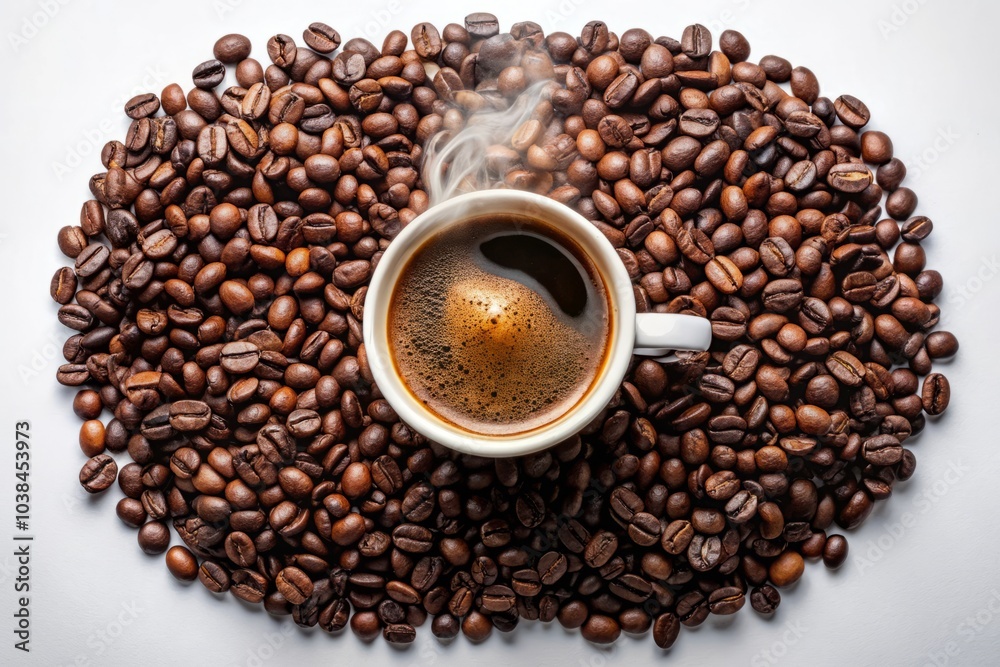 Fototapeta premium Aerial view of a coffee cup encircled by coffee beans on a clean white backdrop, ideal for coffee enthusiasts and aesthetic photography lovers.