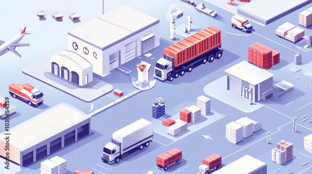 Modern logistics network with trucks, planes, and ships in motion