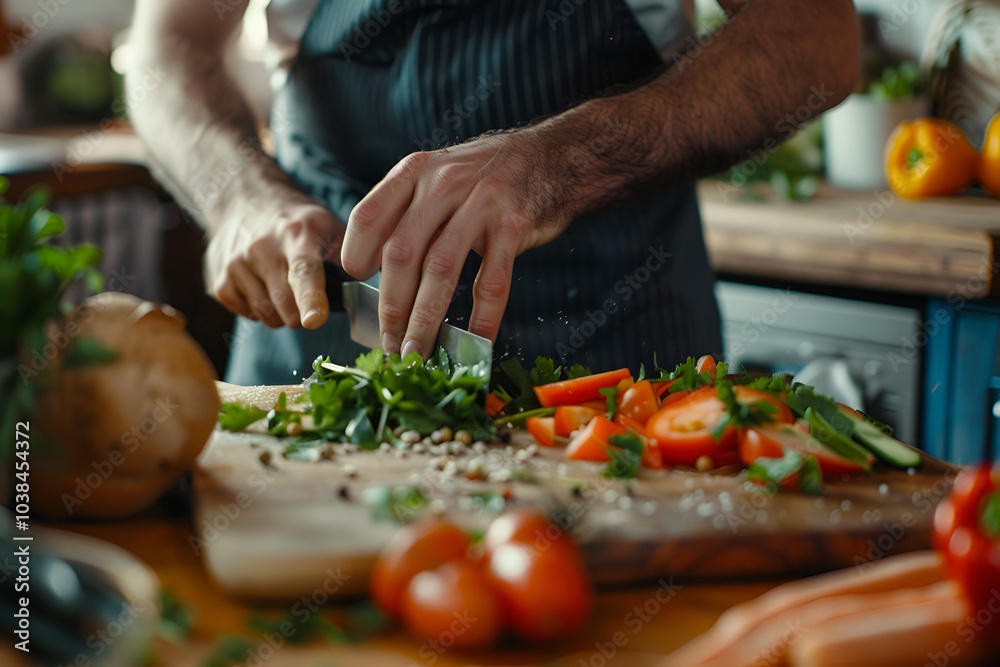 A chef slicing tomatoes on a cutting board, surrounded by fresh herbs and vegetables in a well-lit kitchen setting. A chef slicing tomatoes on a cutting board, surrounded by fresh herbs and vegetables in a well-lit kitchen setting.