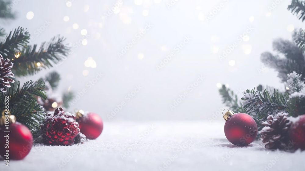 Obraz premium Celebrate Christmas Day with festive decorations featuring red ornaments and snow-covered greenery