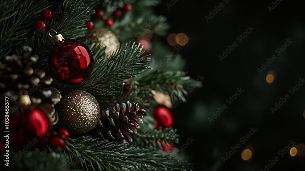 Decorated Christmas tree on Christmas Day with ornaments, pinecones, and sparkling lights