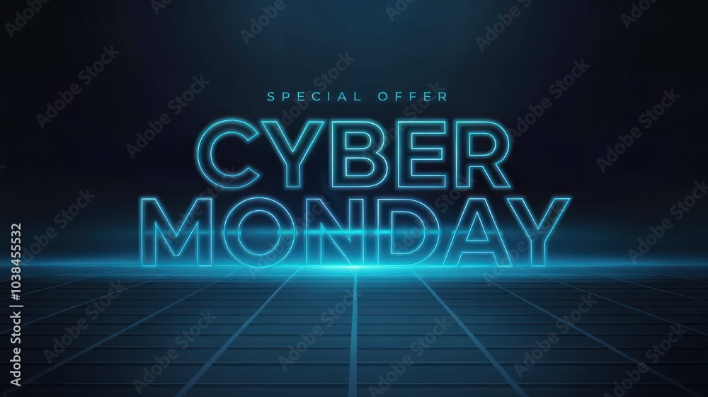 Cyber Monday special offer, glowing neon text on dark background. Cyber Monday special offer, glowing neon text on dark background.