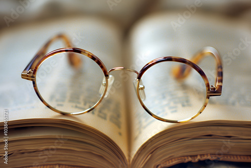 Close-up of eyeglasses on an open book, focus on lens clarity, concept of reading and education.