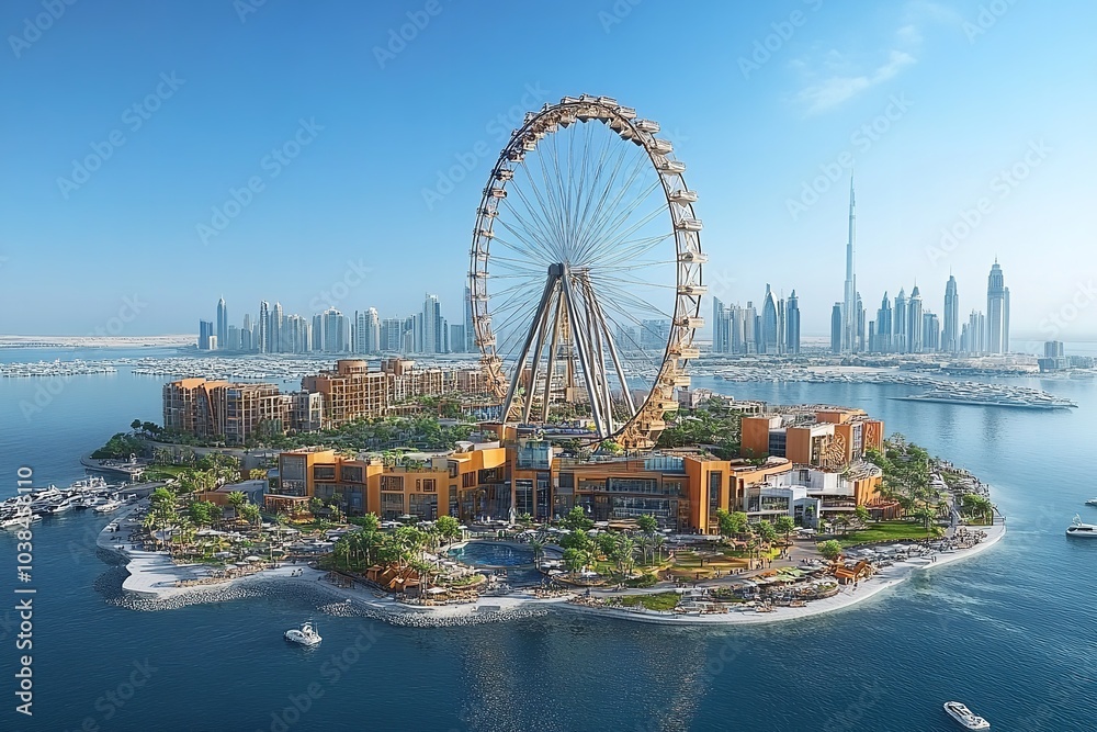 Obraz premium The Ferris Wheel on Ain Dubai and Bluewater's Island. Generative Ai