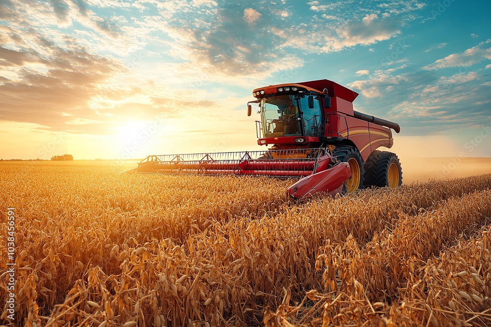 Obraz premium Harvesting soybeans using red combine harvester. Generative Ai