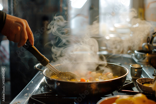 A hand stirs a steaming pot of soup on a stove, capturing the essence of home cooking.