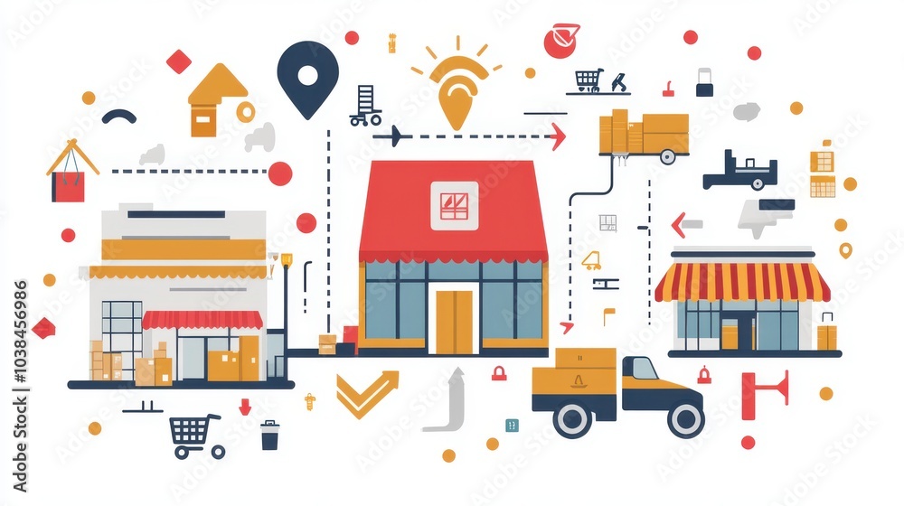 Vector of logistics supply chain with arrows connecting factories, warehouses, and stores Vector of logistics supply chain with arrows connecting factories, warehouses, and stores