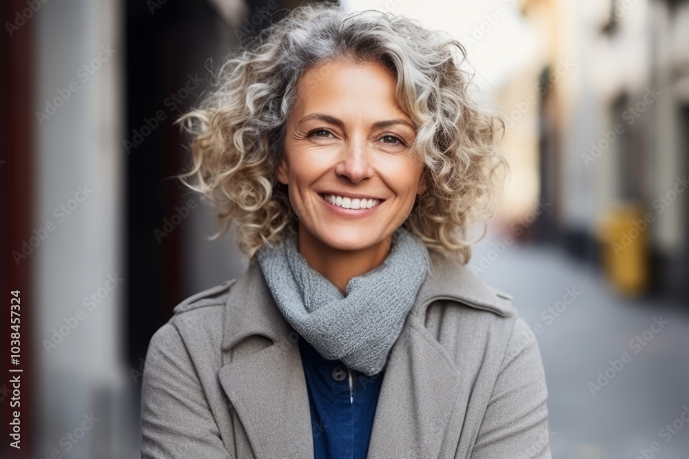 Portrait of smiling middle aged woman with curly hair in the city Portrait of smiling middle aged woman with curly hair in the city