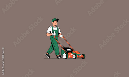 Gardener mowing the lawn with a push lawnmower.