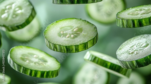 Many slices of cucumber floating in the air photo