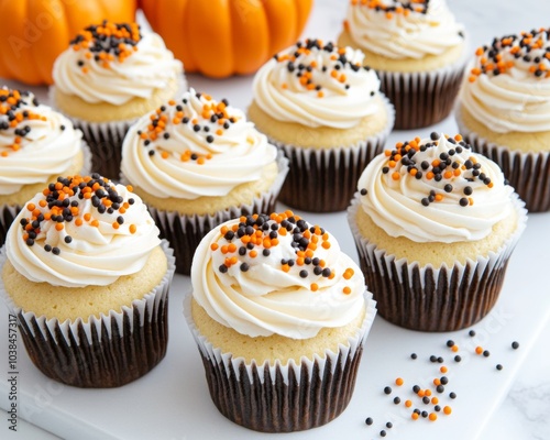 A family decorating cupcakes with Halloween-themed toppings orange and black sprinkles photo