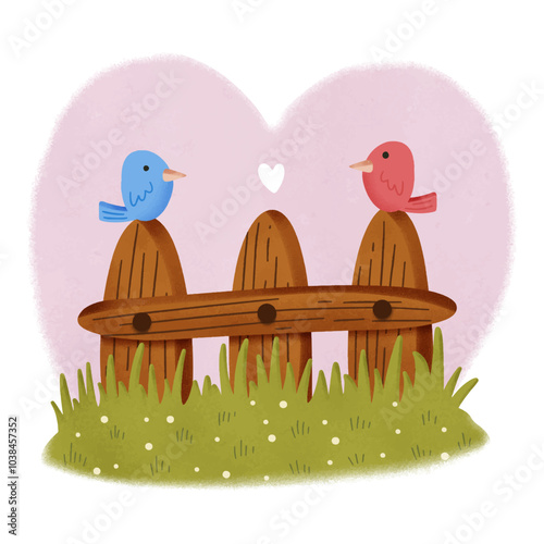 two cute birds in love on the top of  wood fences vector illustration suitable for poster, greeting card, poster, wedding invitation
