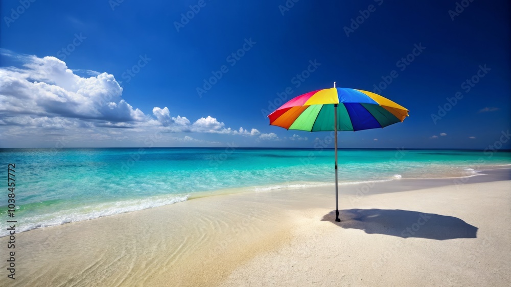 A lone beach umbrella stands on soft, white sand, framed by a vibrant, azure ocean – an ideal setting for summertime relaxation and peaceful vibes. A lone beach umbrella stands on soft, white sand, framed by a vibrant, azure ocean – an ideal setting for summertime relaxation and peaceful vibes.