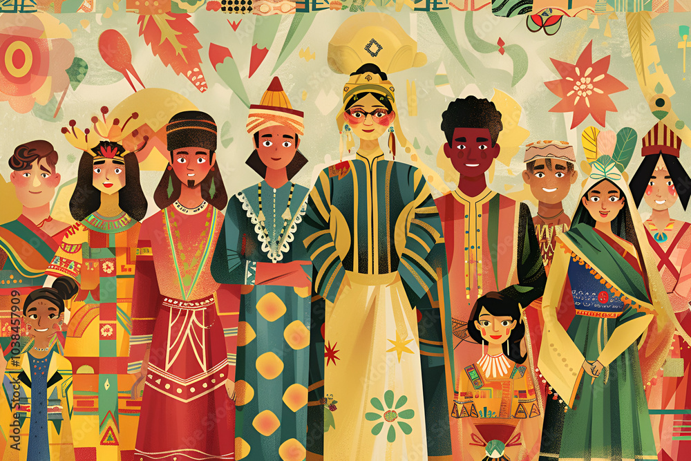  A vibrant illustration featuring diverse people in traditional attire, symbolizing unity and cultural diversity.