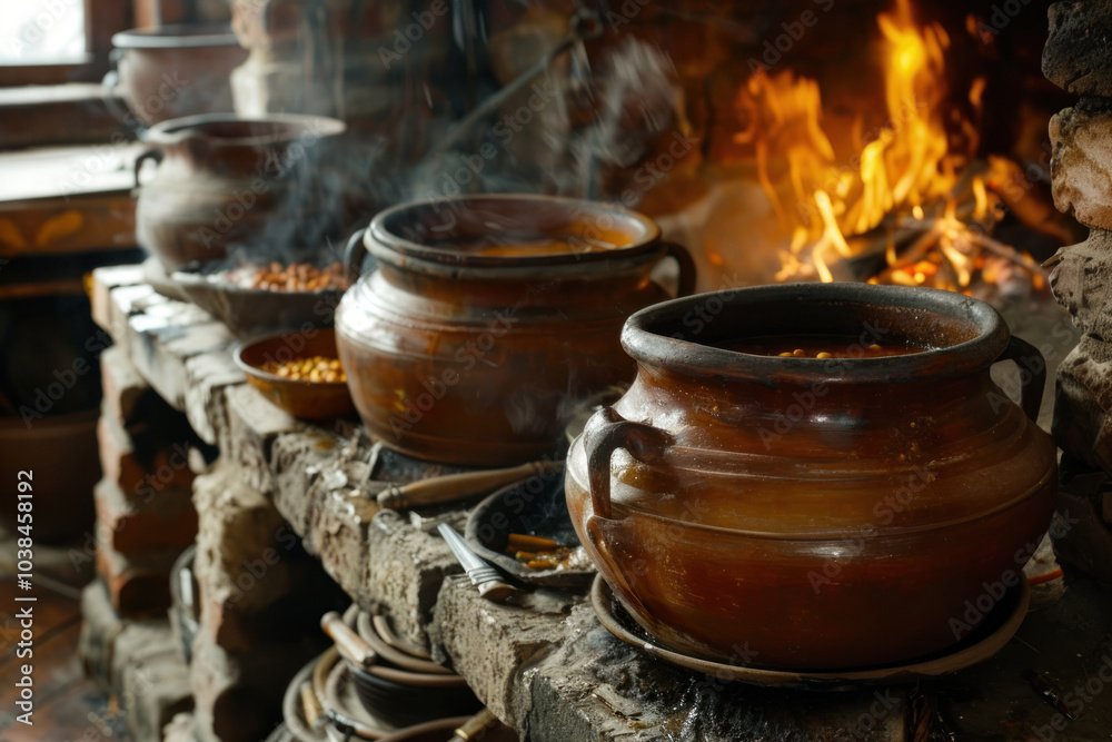 A countryside kitchen scene with traditional food simmering in clay pots over a hearth, capturing the earthy tones of heritage cooking. A countryside kitchen scene with traditional food simmering in clay pots over a hearth, capturing the earthy tones of heritage cooking.