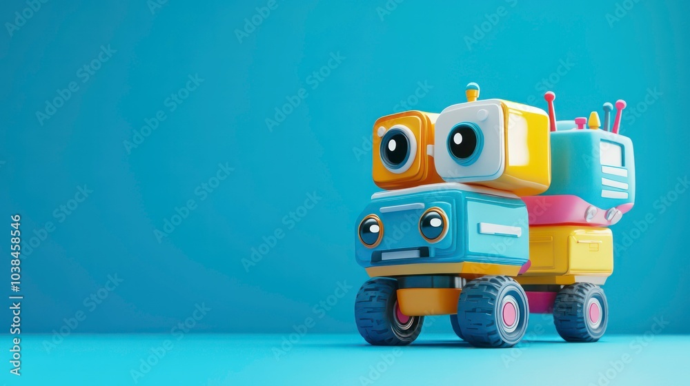 A colorful toy robot with big eyes and wheels on a blue background. A colorful toy robot with big eyes and wheels on a blue background.