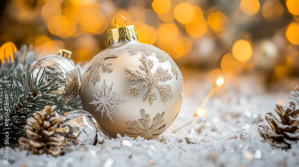 Christmas ornaments and pinecones on snow, lit by warm festive lights in the background