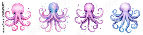 Colorful, whimsical octopuses with varying shades and expressions, illustrating creativity and marine life. watercolor, clipart, isolated on transparent background photo