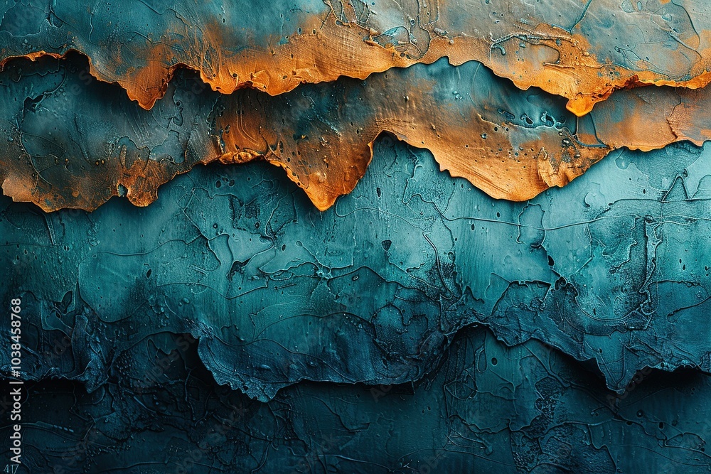 Naklejka premium A textured abstract artwork with layered colors of orange and teal, evoking natural landscapes.