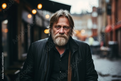 Portrait of a senior man with long gray beard and mustache in a black leather jacket on a city street.