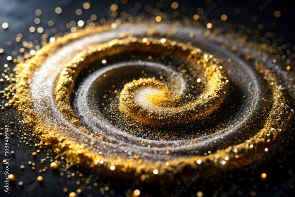 A mesmerizing swirl of white circles embellished with golden glitter dust on a black backdrop, featuring unique artistic design, textured patterns, and modern abstract aesthetics. A mesmerizing swirl of white circles embellished with golden glitter dust on a black backdrop, featuring unique artistic design, textured patterns, and modern abstract aesthetics.