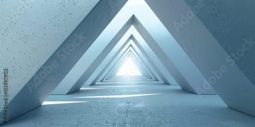 Empty blue tunnel light room background. Abstract space tunnel interior. Modern perspective hall stage design. Futuristic neon road