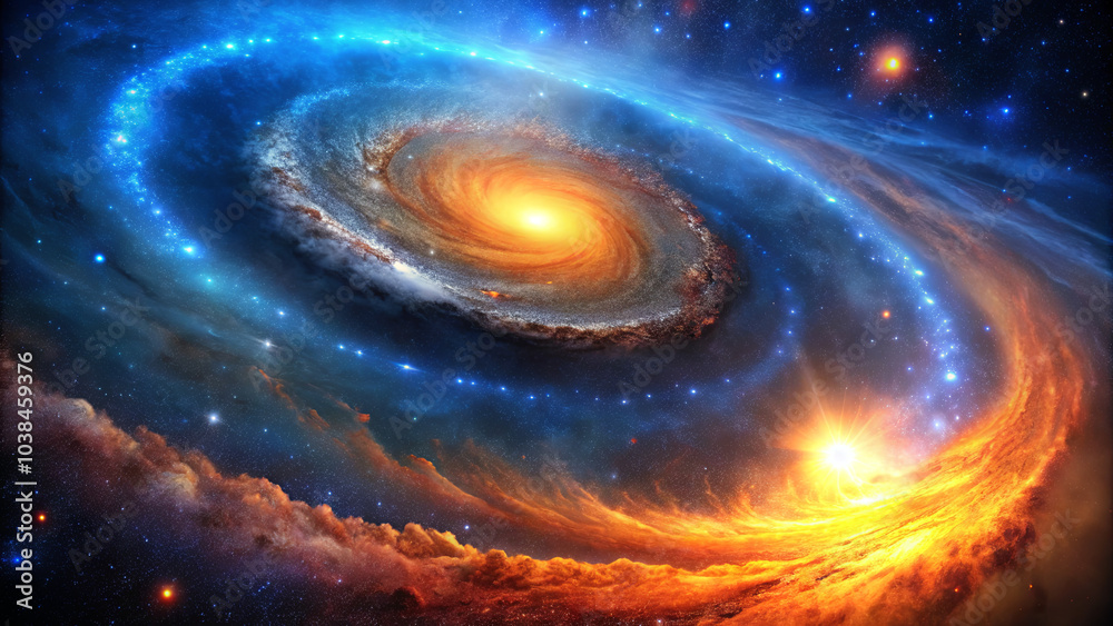 A stunning display of a spiral galaxy with bright orange and blue hues surrounded by twinkling stars and cosmic dust reveals the beauty of the universe A stunning display of a spiral galaxy with bright orange and blue hues surrounded by twinkling stars and cosmic dust reveals the beauty of the universe