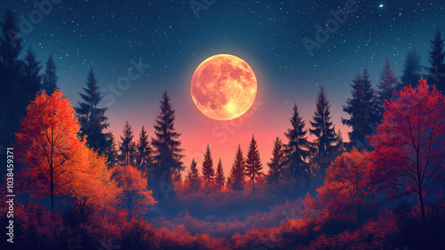 Creative abstract background showcasing autumn forest landscape illuminated by a full moon for winter solstice