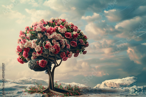 A vibrant tree with lush pink blossoms against a dreamy sky, symbolizing growth and beauty in nature.